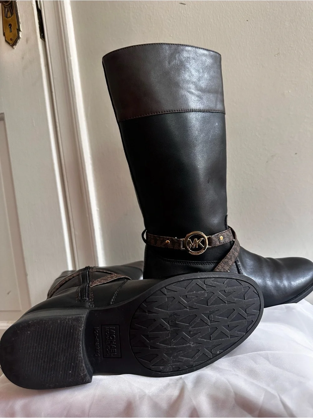 Michael Kors Black and Brown Leather Knee Boots with Gold MK Accent for Girls